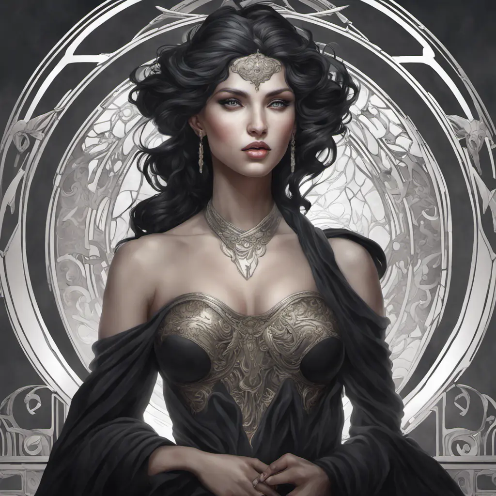 Alluring matte portrait of the beautiful goddess Selene in black, 8k, Highly Detailed, Intricate, Realistic, Sharp Focus, Volumetric Lighting, Fantasy, Elegant by Stanley Artgerm Lau, Alphonse Mucha, WLOP