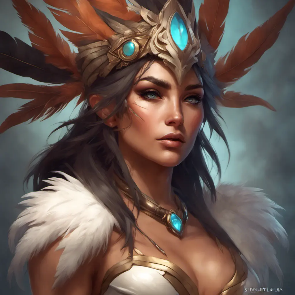 Alluring matte portrait of a beautiful Nidalee wearing feathers, 8k, Highly Detailed, Intricate, Half Body, Realistic, Sharp Focus, Volumetric Lighting, Fantasy, Elegant by Stanley Artgerm Lau, Alphonse Mucha, WLOP