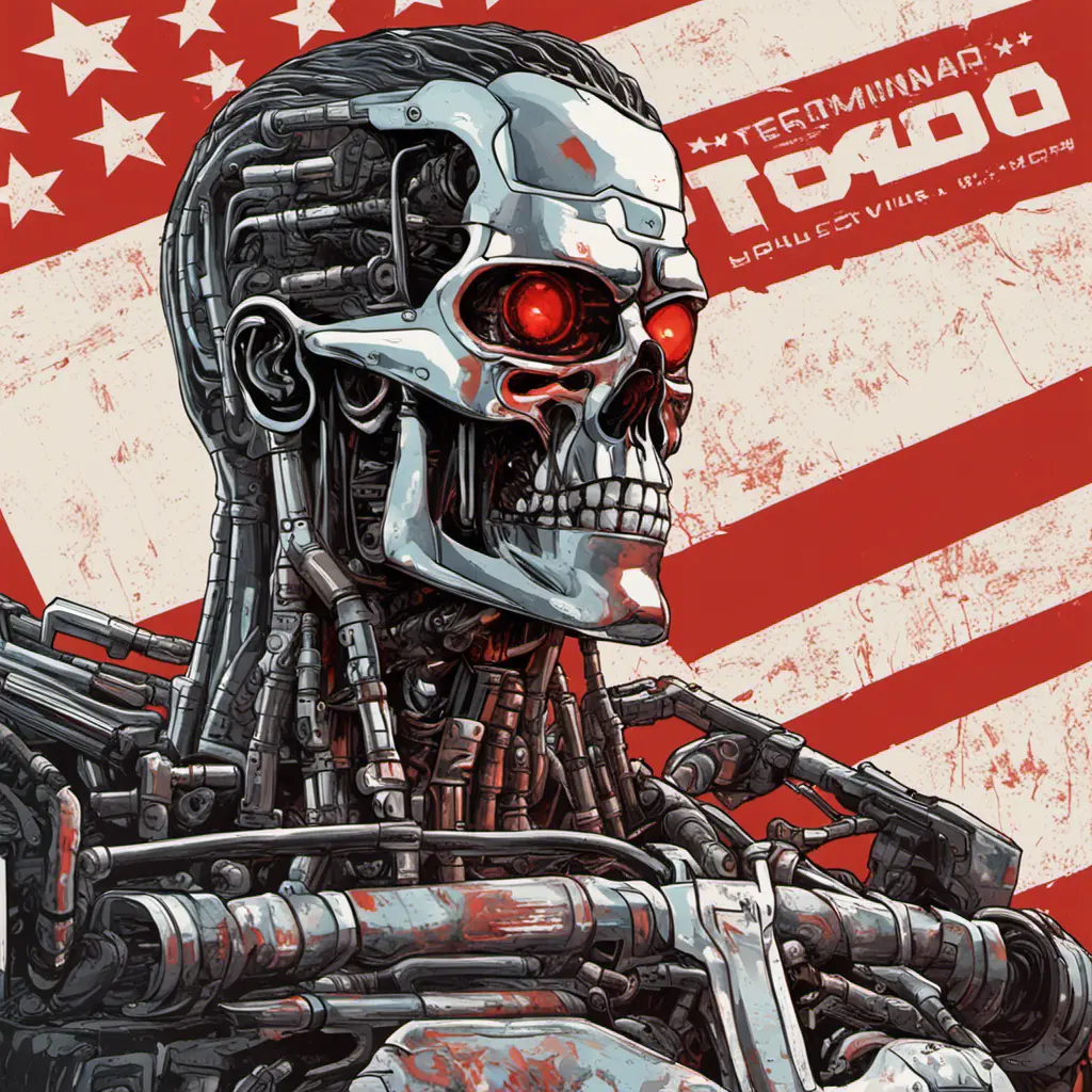 terminator for president, intricate soviet propaganda poster, Cyrillic text, Boris kriukov, vote for T800, sharp focus, text at bottom, Cyrillic, no blur, terminator t800, Dystopian, Highly Detailed, Hyper Detailed, Intricate Details, Ultra Detailed, Half Body, Post-Apocalyptic, Cyberpunk, Futuristic, Psychedelic, Retro-Futurism, Soviet Poster, Digital Painting, Poster, Propaganda Poster, Sharp Focus, Artgerm, Futurism by Beeple, Alex Grey, Alphonse Mucha