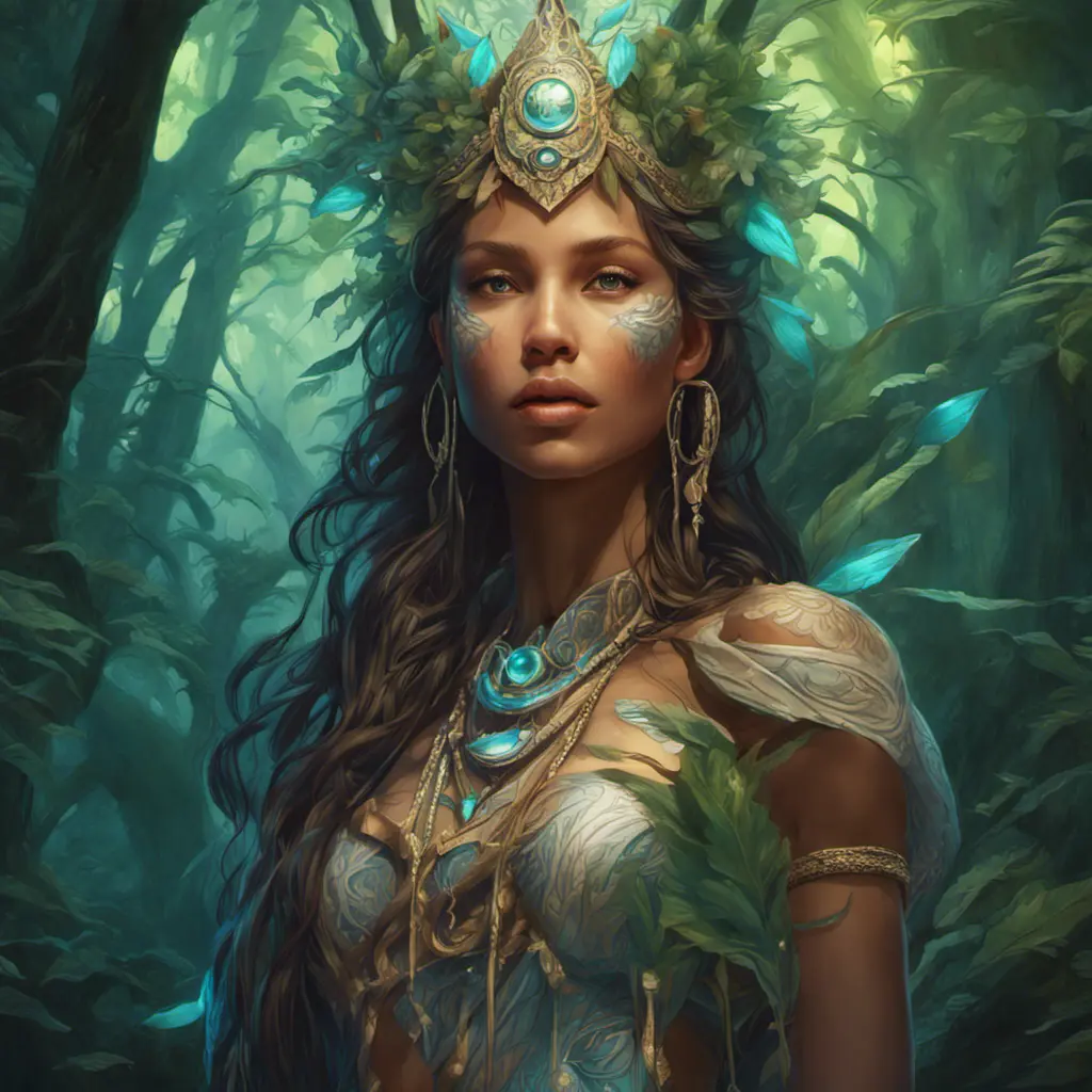 Closeup of a beautiful tribal queen in a magical forest, 4k, Highly Detailed, Masterpiece, Pretty Face, Digital Illustration, Cinematic Lighting, Realistic, Sharp Focus, Centered, Beautifully Lit, Bioluminescent by Stanley Artgerm Lau, Alphonse Mucha, Greg Rutkowski, Stefan Kostic