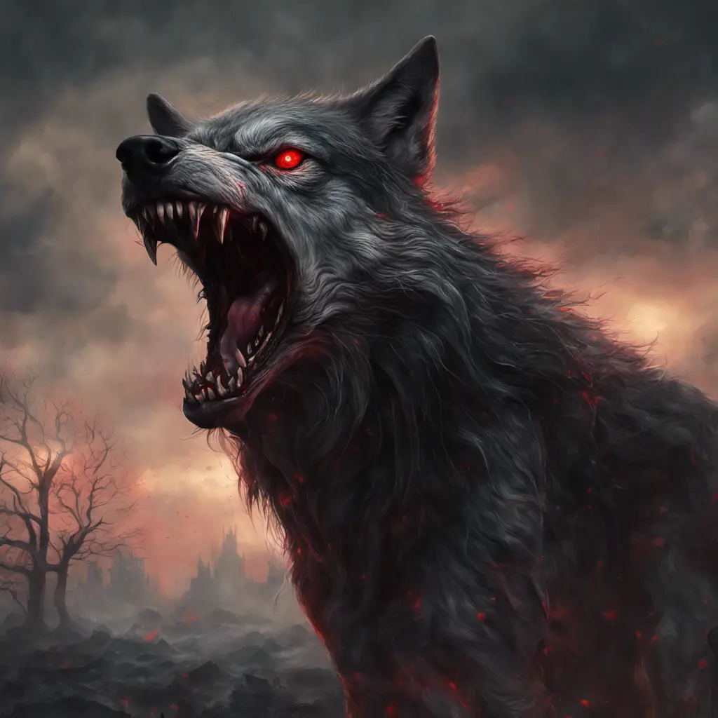 large evil wolf howling, red eyes, big teeth, 4k, 4k resolution, 8k, Eldritch, Foreboding, HD, High Definition, High Resolution, Highly Detailed, HQ, Digital Illustration, Matte Painting, Spring, Fantasy, Apocalyptic, Doom, Ominous, Terrifying, Threatening, Unnerving by Stefan Kostic