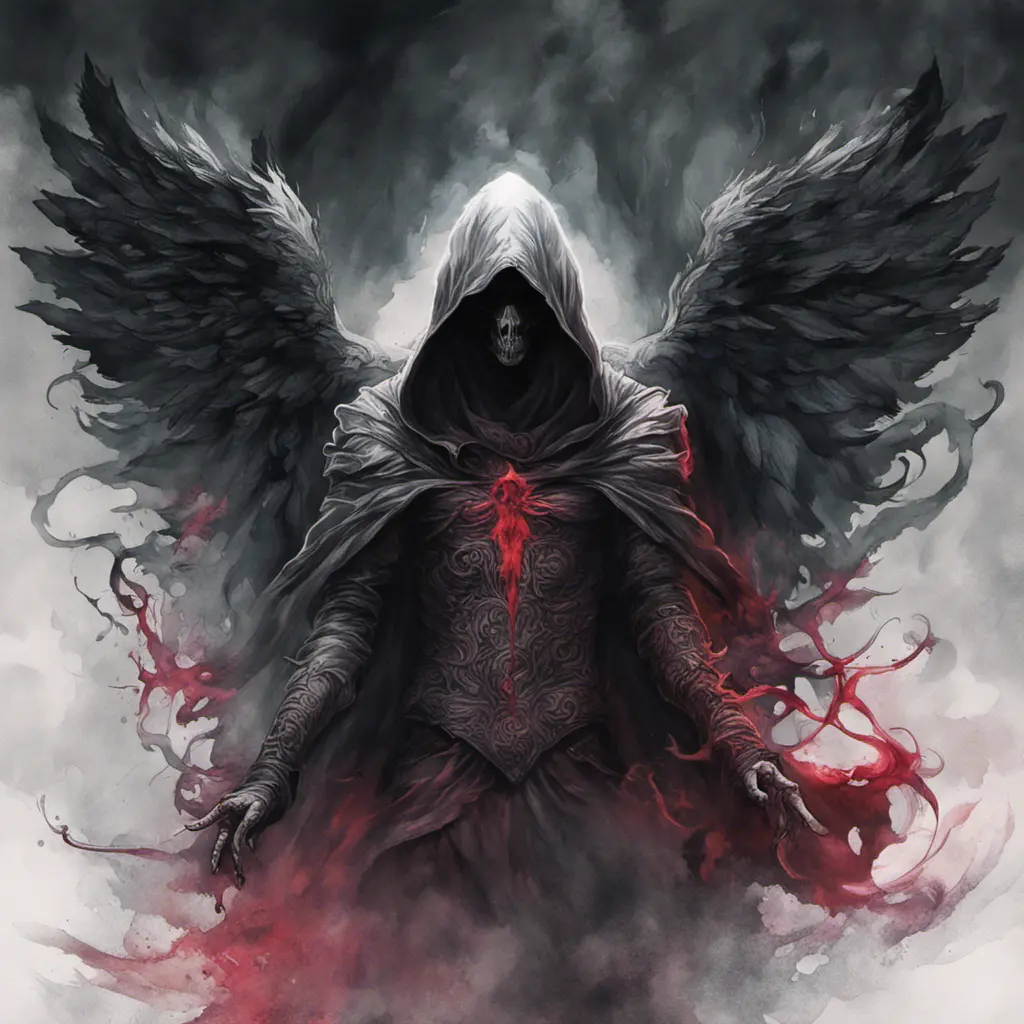 Hooded Angel of Death emerging from the fog of war, ink splash, Highly Detailed, Vibrant Colors, Ink Art, Fantasy, Dark by Stanley Artgerm Lau