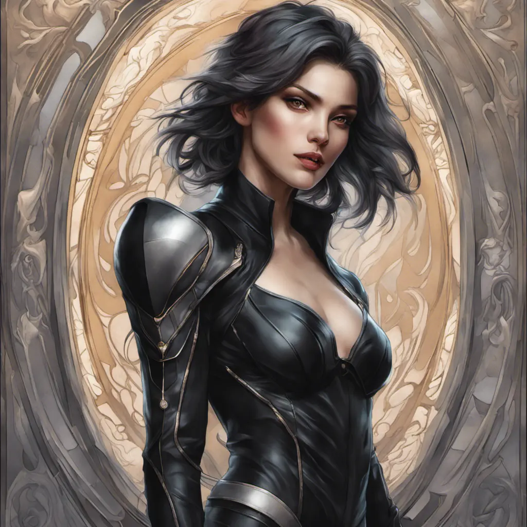 Alluring matte portrait of a beautiful Fiora wearing black leather, 8k, Highly Detailed, Intricate, Half Body, Realistic, Sharp Focus, Volumetric Lighting, Fantasy, Elegant by Stanley Artgerm Lau, Alphonse Mucha, WLOP, Stefan Kostic