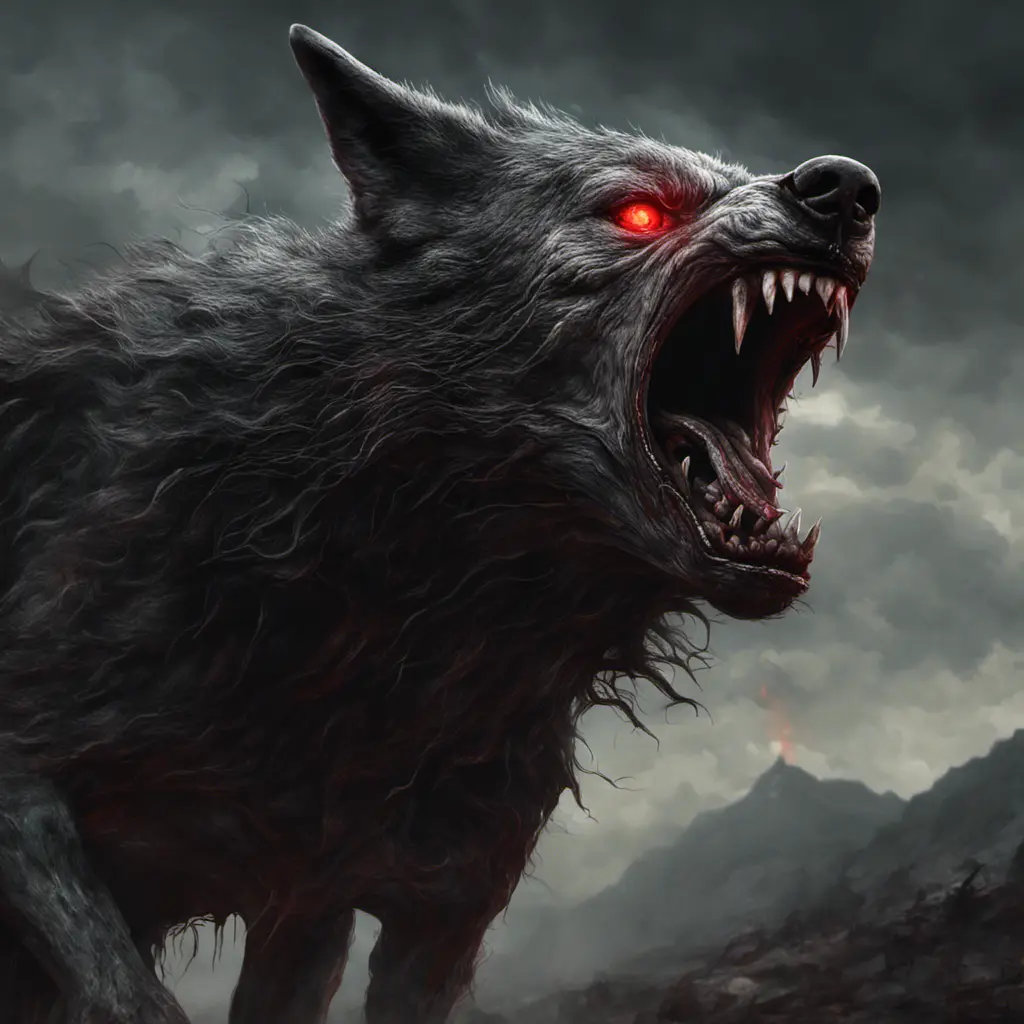 large evil wolf howling, red eyes, big teeth, 4k, 4k resolution, 8k, Eldritch, Foreboding, HD, High Definition, High Resolution, Highly Detailed, HQ, Digital Illustration, Matte Painting, Spring, Fantasy, Apocalyptic, Doom, Ominous, Terrifying, Threatening, Unnerving by Stefan Kostic