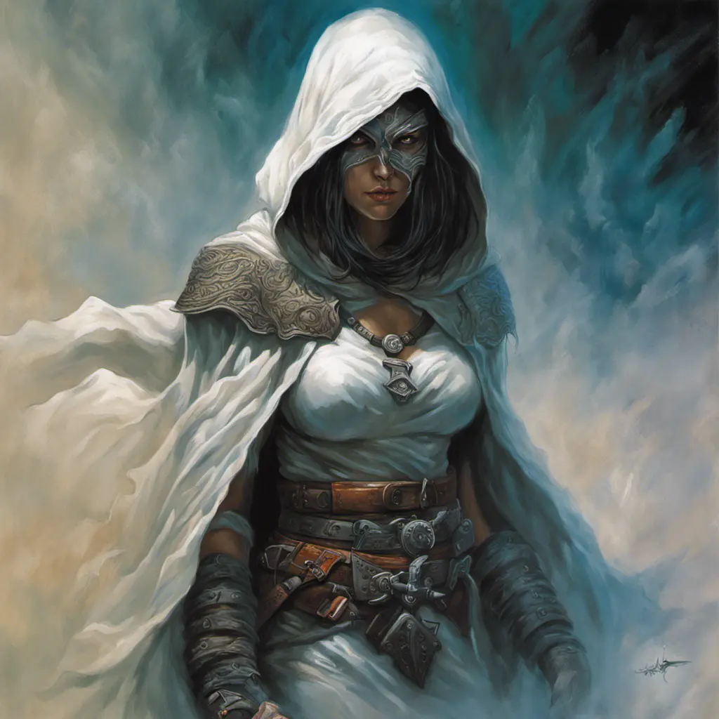 White hooded female assassin emerging from the fog of war, Highly Detailed, Vibrant Colors, Ink Art, Fantasy, Dark by Alex Horley