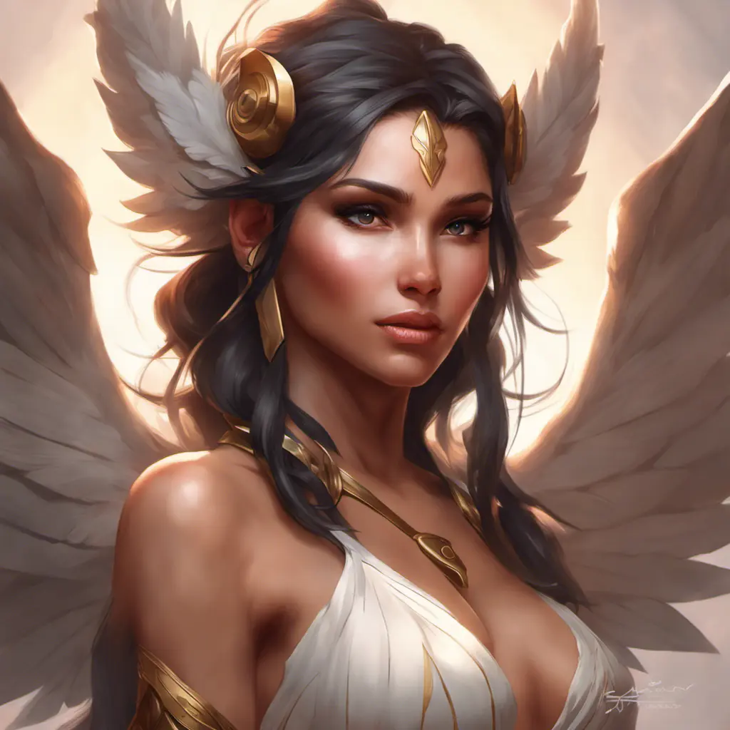 Alluring matte portrait of a beautiful Nidalee with wings, 8k, Highly Detailed, Intricate, Half Body, Realistic, Sharp Focus, Volumetric Lighting, Fantasy, Elegant by Stanley Artgerm Lau, Alphonse Mucha, WLOP