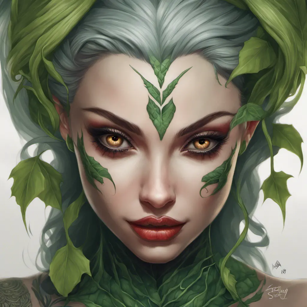 Closeup matte portrait of a tattooed Poison Ivy, symmetrical face, 8k, Highly Detailed, Intricate, Artstation, Matte Painting, Sharp Focus, Concept Art by Stanley Artgerm Lau, Greg Rutkowski