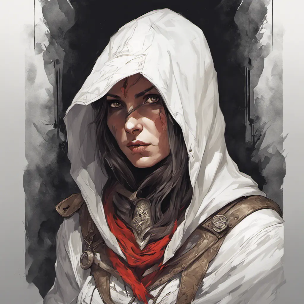 White hooded female assassin from Assassin's Creed, Highly Detailed, Vibrant Colors, Ink Art, Fantasy, Dark by Peter Mohrbacher