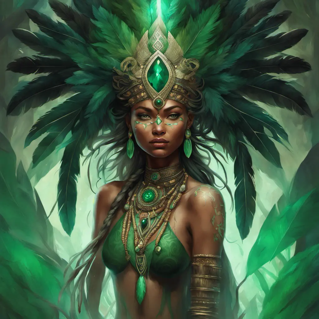 Visionary painting of an alluring mystical tribal goddess surrounded by feathers and emerald gemstones, 8k, Highly Detailed, Intricate, Artstation, Matte Painting, Sharp Focus, Volumetric Lighting, Concept Art by Stanley Artgerm Lau, Greg Rutkowski