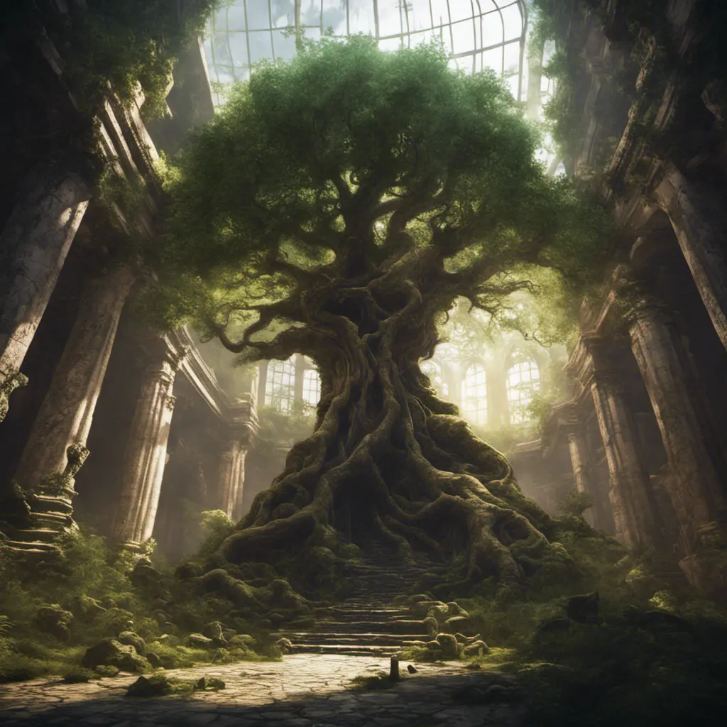 A Tree Of Life growing in the middle of overgrown ancient ruins indoors., 4k resolution, Hyper Detailed, Trending on Artstation, Volumetric Lighting, Concept Art, Digital Art, Fantasy, Dark by Greg Rutkowski