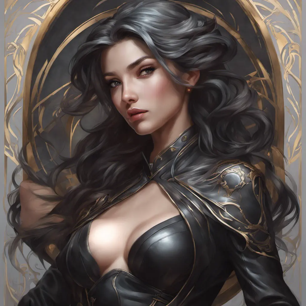 Alluring matte portrait of a beautiful Sona wearing black leather, 8k, Highly Detailed, Intricate, Half Body, Realistic, Sharp Focus, Volumetric Lighting, Fantasy, Elegant by Stanley Artgerm Lau, Alphonse Mucha, WLOP