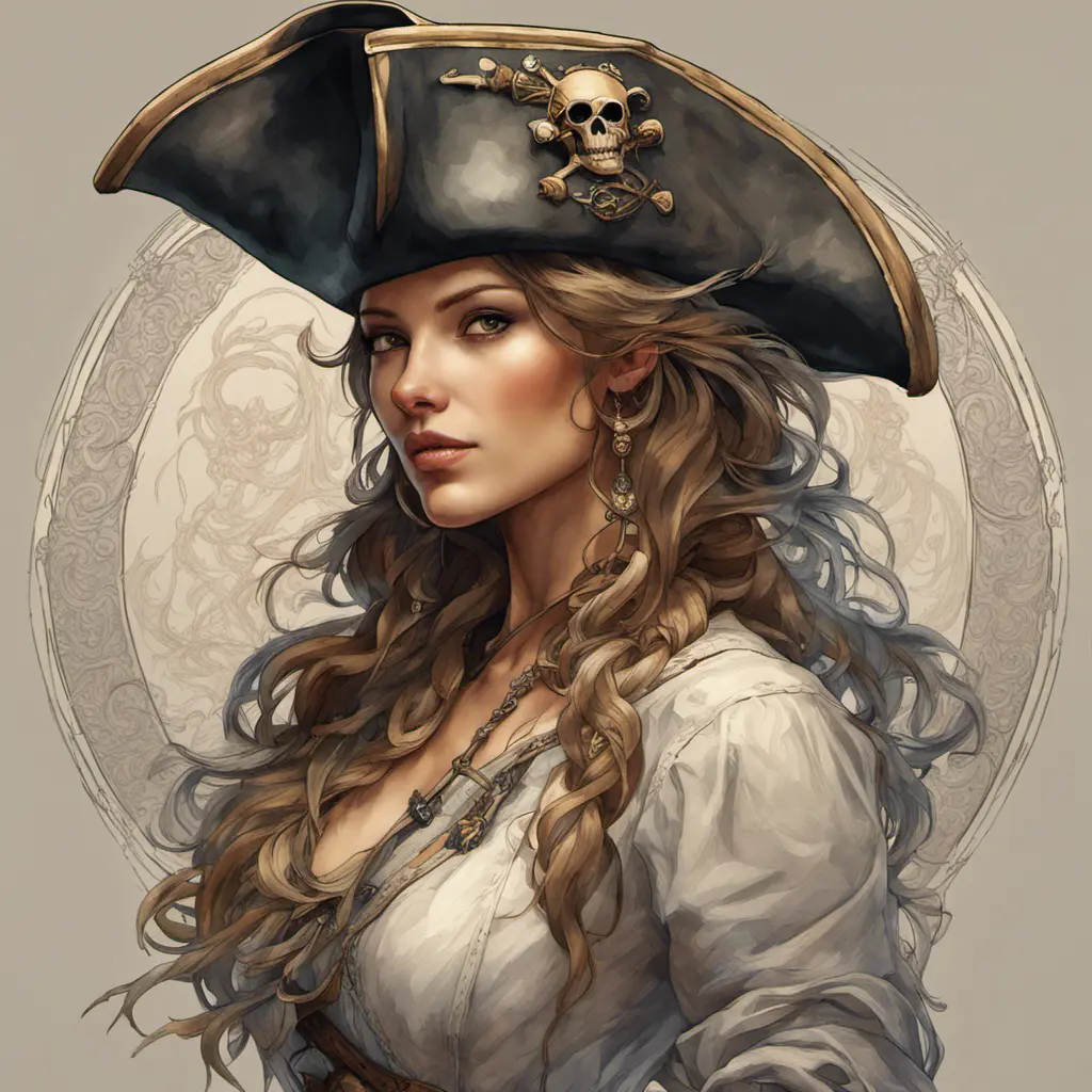 Alluring matte portrait of a beautiful female Pirate, 8k, Highly Detailed, Intricate, Half Body, Realistic, Sharp Focus, Volumetric Lighting, Fantasy, Elegant by Alphonse Mucha