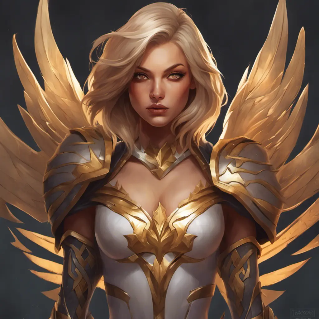 Matte portrait of Kayle from League of Legends with tattoos, 8k, Highly Detailed, Powerful, Alluring, Artstation, Magical, Digital Painting, Photo Realistic, Sharp Focus, Volumetric Lighting, Concept Art by Stanley Artgerm Lau, Alphonse Mucha, Greg Rutkowski