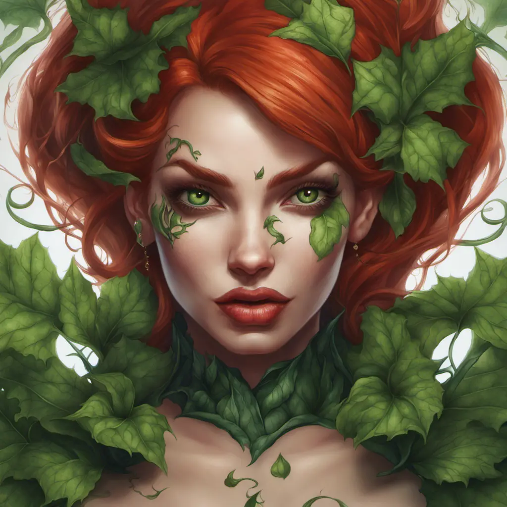 Closeup matte portrait of a tattooed Poison Ivy, symmetrical face, 8k, Highly Detailed, Intricate, Artstation, Matte Painting, Sharp Focus, Concept Art by Stanley Artgerm Lau, Greg Rutkowski