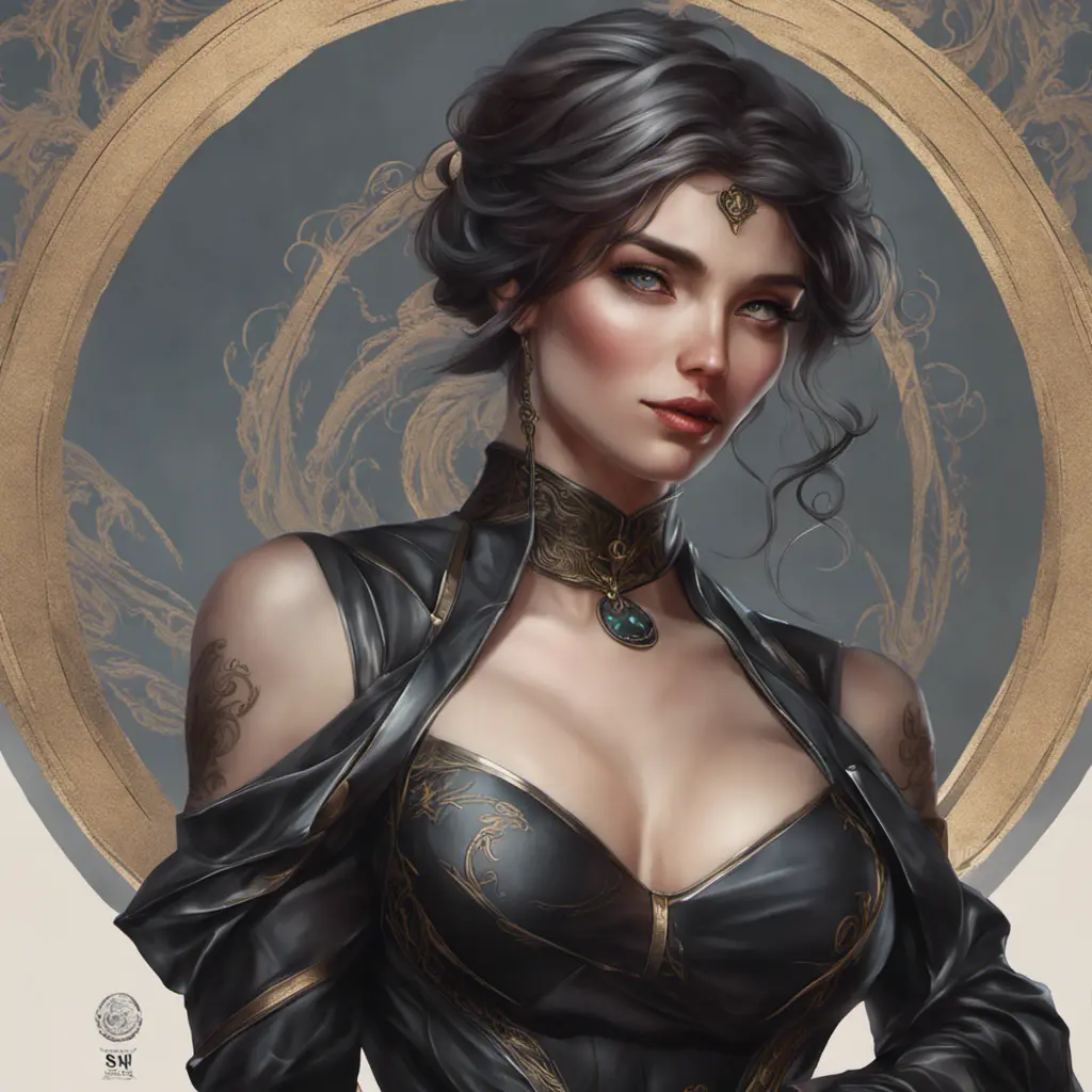 Alluring matte portrait of a beautiful Sona wearing black leather, 8k, Highly Detailed, Intricate, Half Body, Realistic, Sharp Focus, Volumetric Lighting, Fantasy, Elegant by Stanley Artgerm Lau, Alphonse Mucha, WLOP