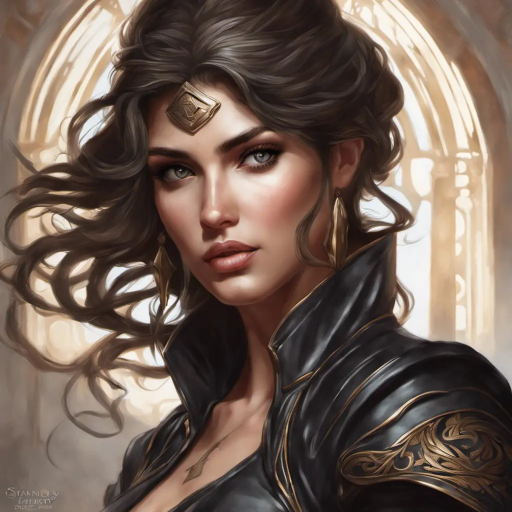 Alluring matte portrait of a beautiful Kassandra wearing black leather, 8k, Highly Detailed, Intricate, Half Body, Realistic, Sharp Focus, Volumetric Lighting, Fantasy, Elegant by Stanley Artgerm Lau, Alphonse Mucha, WLOP