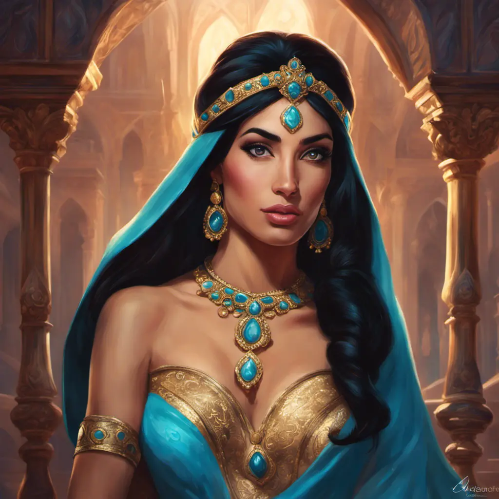 Alluring matte portrait of Princess Jasmine in the style of Stefan Kostic, 4k, 4k resolution, 8k, HD, High Definition, High Resolution, Highly Detailed, HQ, Hyper Detailed, Intricate Artwork, Ultra Detailed, Digital Painting, Matte Painting, Realistic, Sharp Focus, Dim light, Fantasy