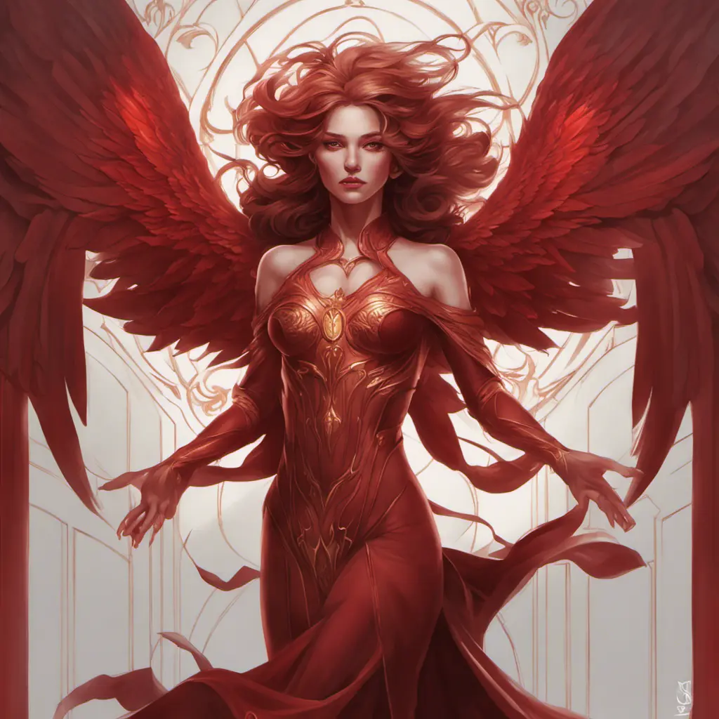 Alluring matte portrait of the beautiful Kayle in dark red, 8k, Highly Detailed, Intricate, Realistic, Sharp Focus, Volumetric Lighting, Fantasy, Elegant by Stanley Artgerm Lau, Alphonse Mucha, WLOP, Stefan Kostic