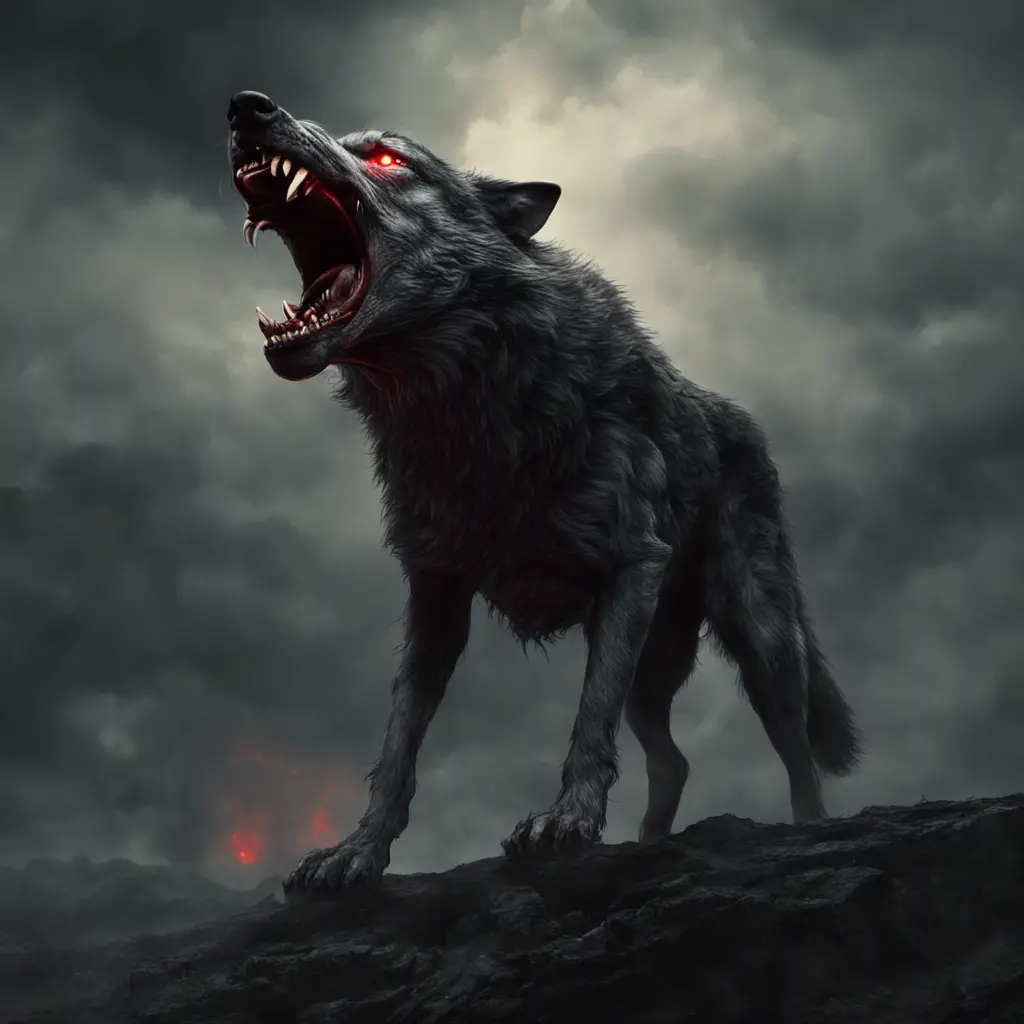 large evil wolf howling, red eyes, big teeth, 4k, 4k resolution, 8k, Eldritch, Foreboding, HD, High Definition, High Resolution, Highly Detailed, HQ, Digital Illustration, Matte Painting, Spring, Fantasy, Apocalyptic, Doom, Ominous, Terrifying, Threatening, Unnerving by Stefan Kostic