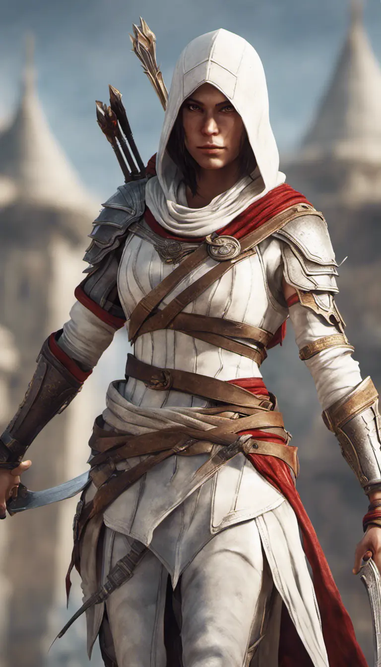 Kassandra from Assassins Creed in white armor, 8k, Highly Detailed, Artstation, Beautiful, Digital Illustration, Sharp Focus, Unreal Engine, Concept Art