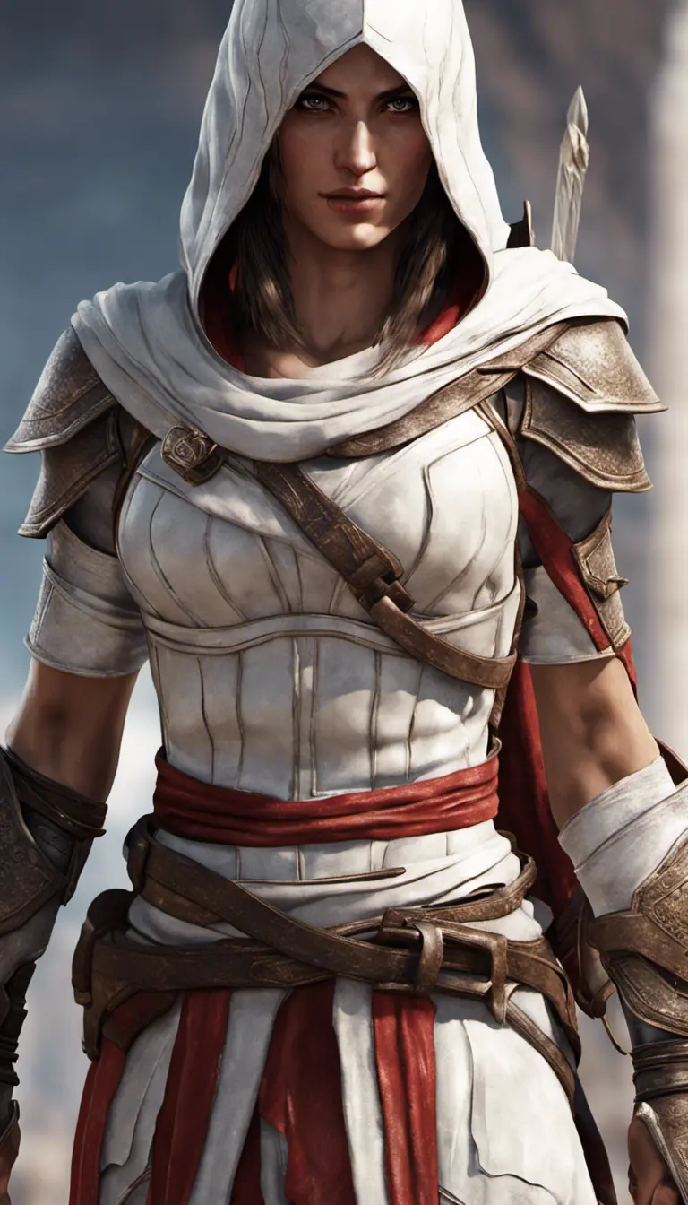 Closeup of Kassandra from Assassins Creed in white armor, 8k, Highly Detailed, Artstation, Beautiful, Digital Illustration, Sharp Focus, Unreal Engine, Concept Art