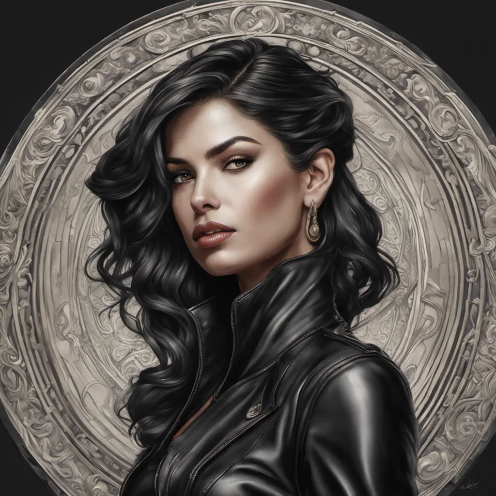 Alluring matte portrait of the beautiful goddess Selena in black leather in the style of Stefan Kostic, 8k, Highly Detailed, Intricate, Realistic, Sharp Focus, Volumetric Lighting, Fantasy, Elegant by Stanley Artgerm Lau, Alphonse Mucha, WLOP