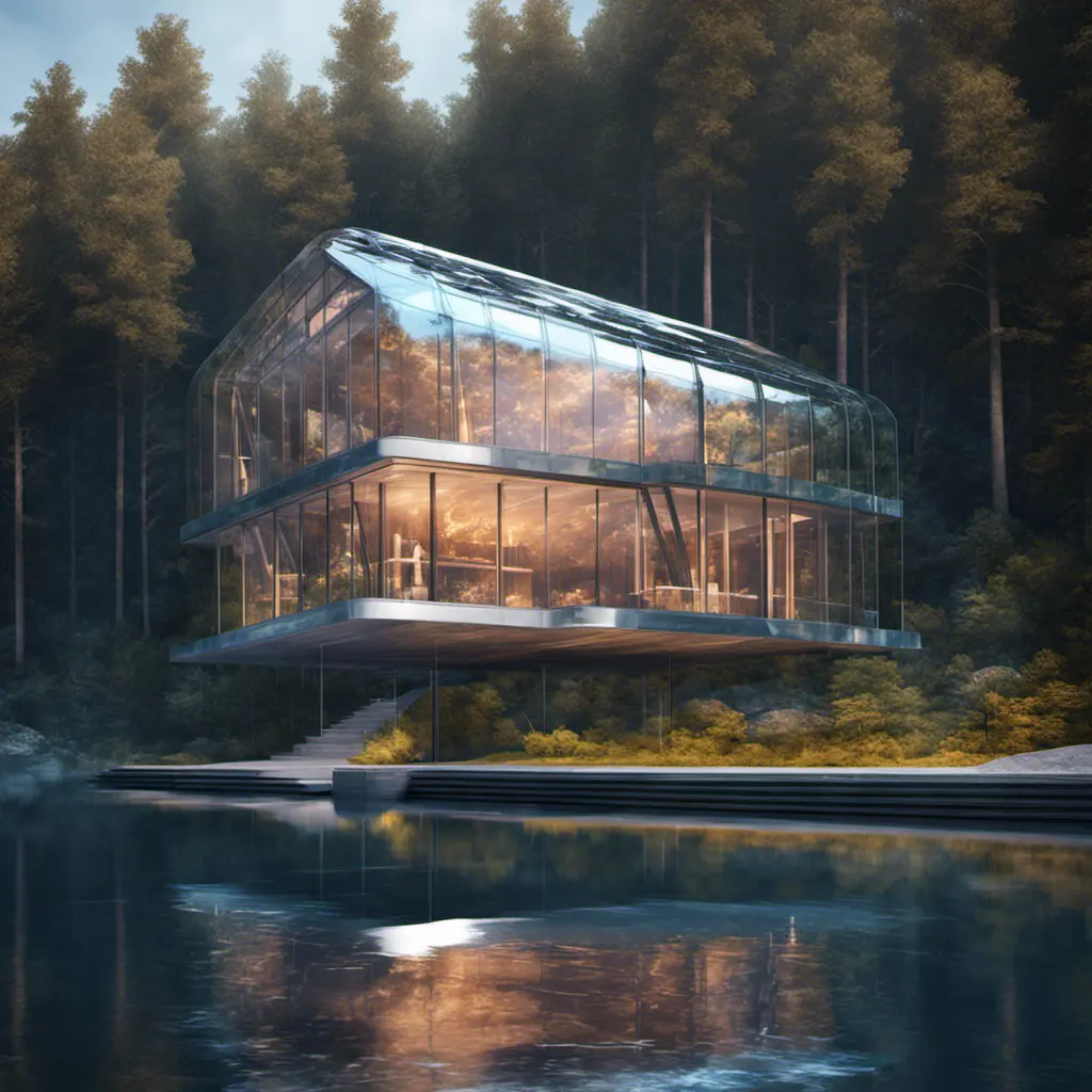 Beautiful futuristic architectural glass house in the forest on a large lake, 8k, Award-Winning, Highly Detailed, Beautiful, Epic, Octane Render, Unreal Engine, Radiant, Volumetric Lighting by Leonid Afremov