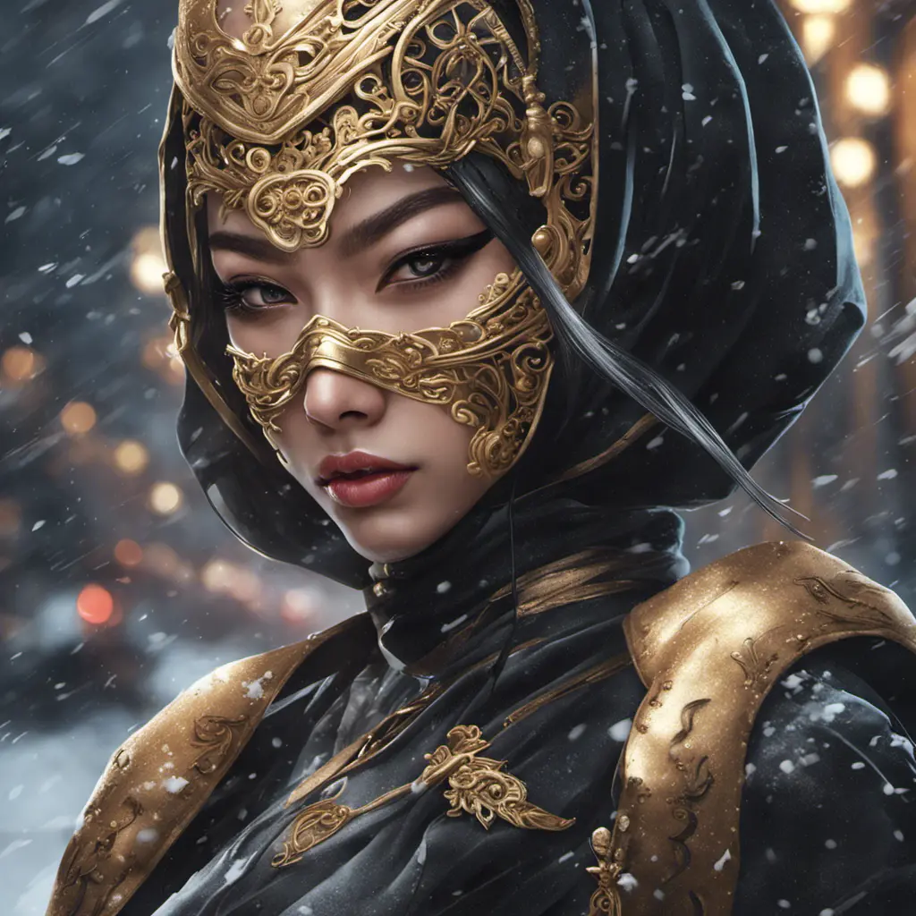 Alluring portrait of a mysterious beautiful masked kunoichi ninja wearing eyeliner and gold jewelry in the streets of a dark snowy town in moscow, fluid motion, 8k, Intricate Details, Trending on Artstation, Beautiful, Stunning by Stanley Artgerm Lau, WLOP