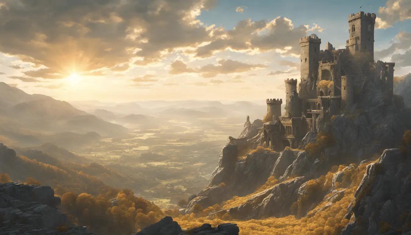 A beautiful medieval castle ruins in the mountains, forgotten valley, wide shot, horizon, sunrays, 4k resolution, Atmospheric, Hyper Detailed, Trending on Artstation, Sunny Day, Golden Hour, Volumetric Lighting, Concept Art, Digital Art, Fantasy by Shinji Aramaki, Posuka Demizu