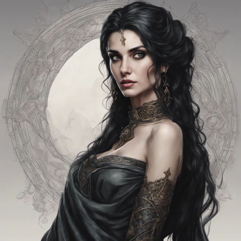 Alluring portrait of a beautiful gothic black haired sorceress in the style of Stefan Kostic, 8k, High Definition, Highly Detailed, Intricate, Half Body, Realistic, Sharp Focus, Fantasy, Elegant