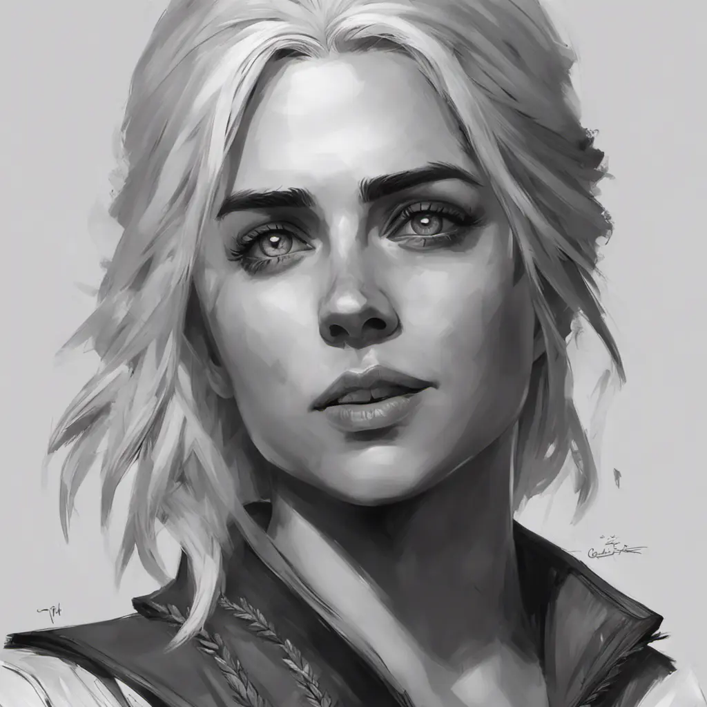 Black & White portrait of Ciri, Highly Detailed, Intricate, Artstation, Beautiful, Digital Painting, Sharp Focus, Concept Art, Elegant