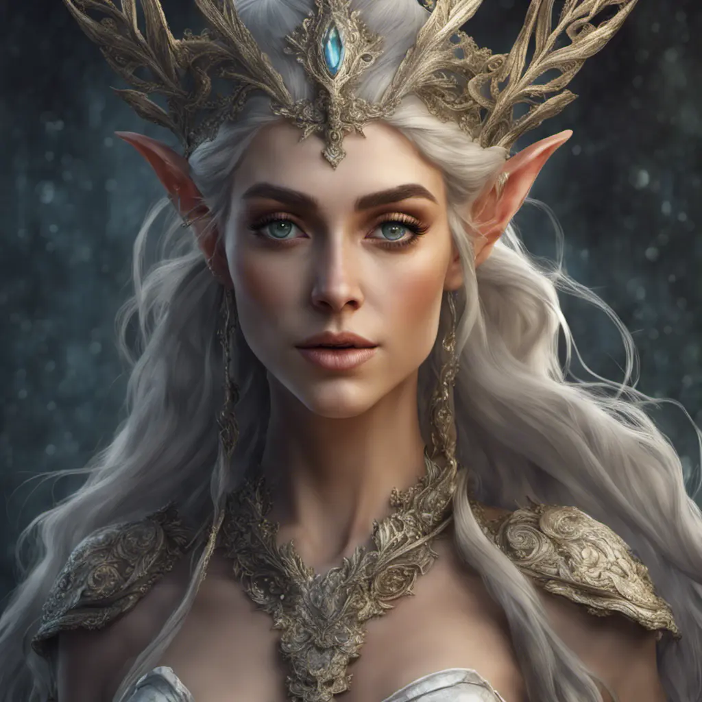 Alluring highly detailed matte portrait of a beautiful elf queen in the style of Stefan Kostic, 8k, High Definition, Highly Detailed, Intricate, Half Body, Realistic, Sharp Focus, Fantasy, Elegant