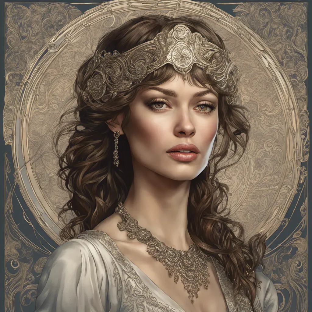 Alluring matte portrait of a beautiful Olga Kurylenko, 8k, Highly Detailed, Intricate, Half Body, Realistic, Sharp Focus, Volumetric Lighting, Fantasy, Elegant by Alphonse Mucha