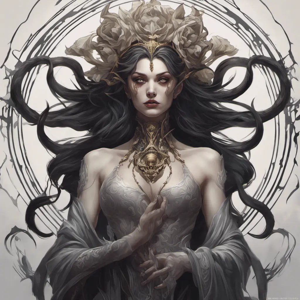 Alluring matte portrait of a beautiful Goddess of Death Hel, 4k, Highly Detailed, Hyper Detailed, Powerful, Artstation, Vintage Illustration, Digital Painting, Sharp Focus, Smooth, Concept Art by Stanley Artgerm Lau, Alphonse Mucha, Greg Rutkowski