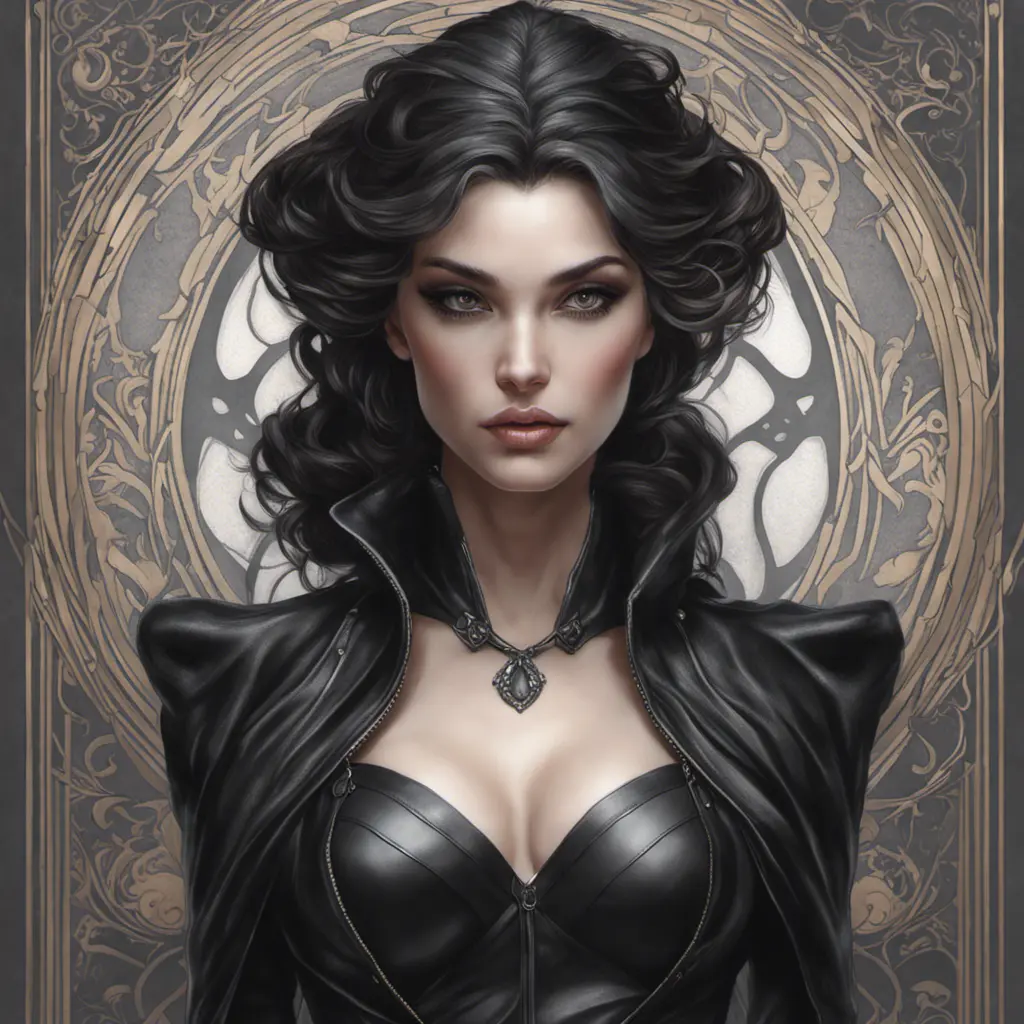 Alluring matte portrait of a beautiful Morgana wearing black leather, 8k, Highly Detailed, Intricate, Half Body, Realistic, Sharp Focus, Volumetric Lighting, Fantasy, Elegant by Stanley Artgerm Lau, Alphonse Mucha, WLOP