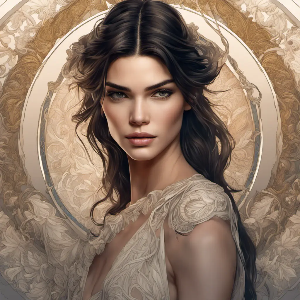 Alluring matte portrait of a beautiful Kendall Jenner, 8k, Highly Detailed, Intricate, Half Body, Realistic, Sharp Focus, Volumetric Lighting, Fantasy, Elegant by Alphonse Mucha