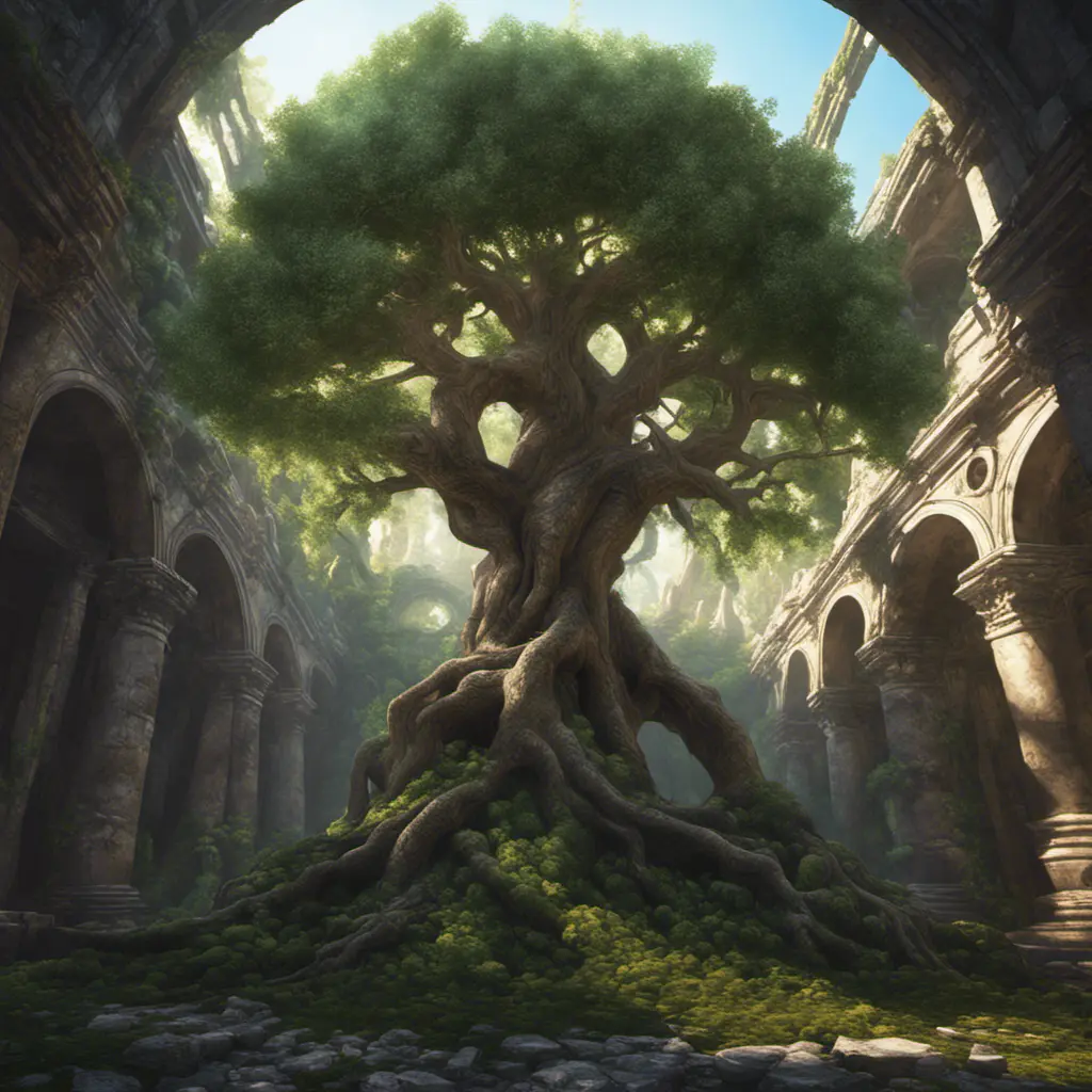 A Tree Of Life growing in the middle of overgrown ancient ruins indoors., 4k resolution, Hyper Detailed, Trending on Artstation, Volumetric Lighting, Concept Art, Digital Art, Fantasy, Dark by Greg Rutkowski