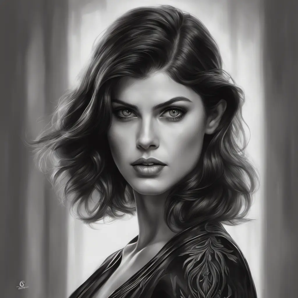 Alluring matte portrait of a fierce beautiful Alexandra Daddario in black, 8k, Highly Detailed, Intricate, Half Body, Realistic, Sharp Focus, Volumetric Lighting, Fantasy, Elegant by Stanley Artgerm Lau, WLOP, Stefan Kostic