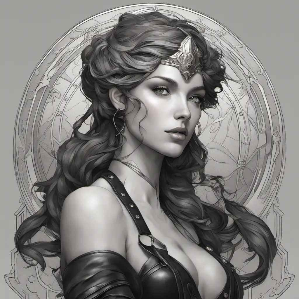 Alluring matte portrait of the beautiful Artemis in black leather, 8k, Highly Detailed, Intricate, Realistic, Sharp Focus, Volumetric Lighting, Fantasy, Elegant by Stanley Artgerm Lau, Alphonse Mucha, WLOP