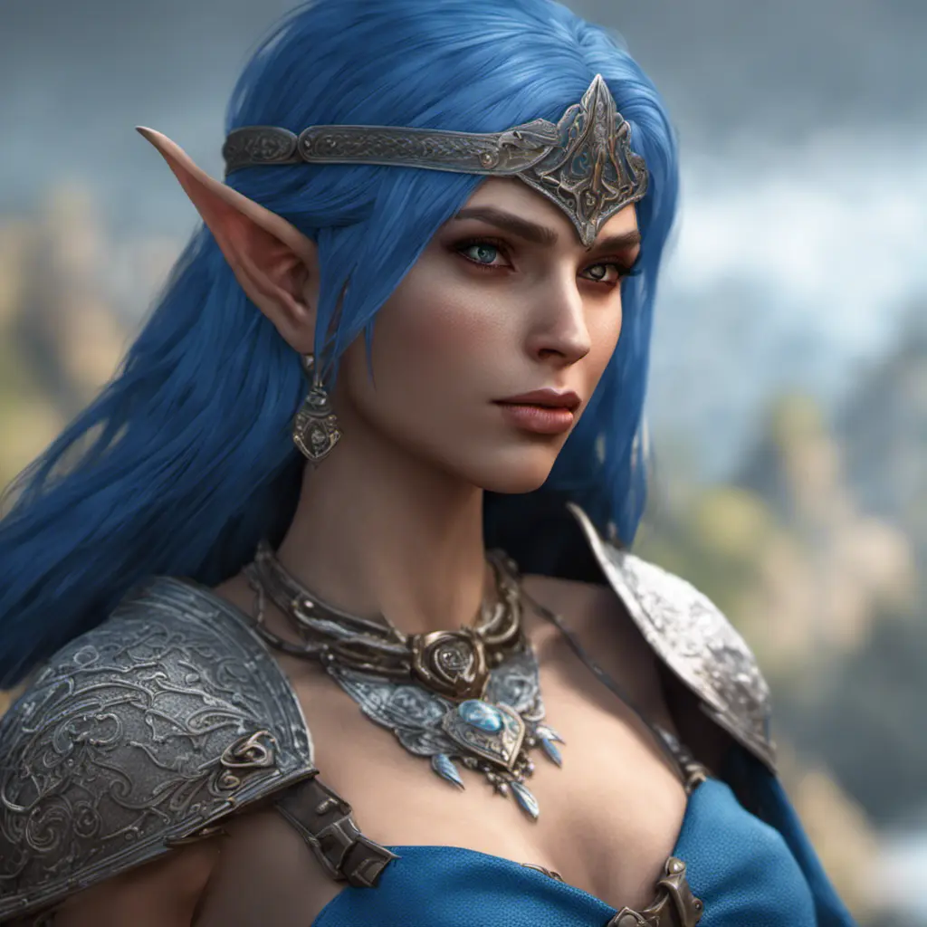 Alluring highly detailed matte close-up portrait of beautiful elf shani from witcher 3 wearing chainmail bikini and a blue cloak, 8k, High Definition, Highly Detailed, Intricate, Half Body, Realistic, Sharp Focus, Fantasy, Elegant