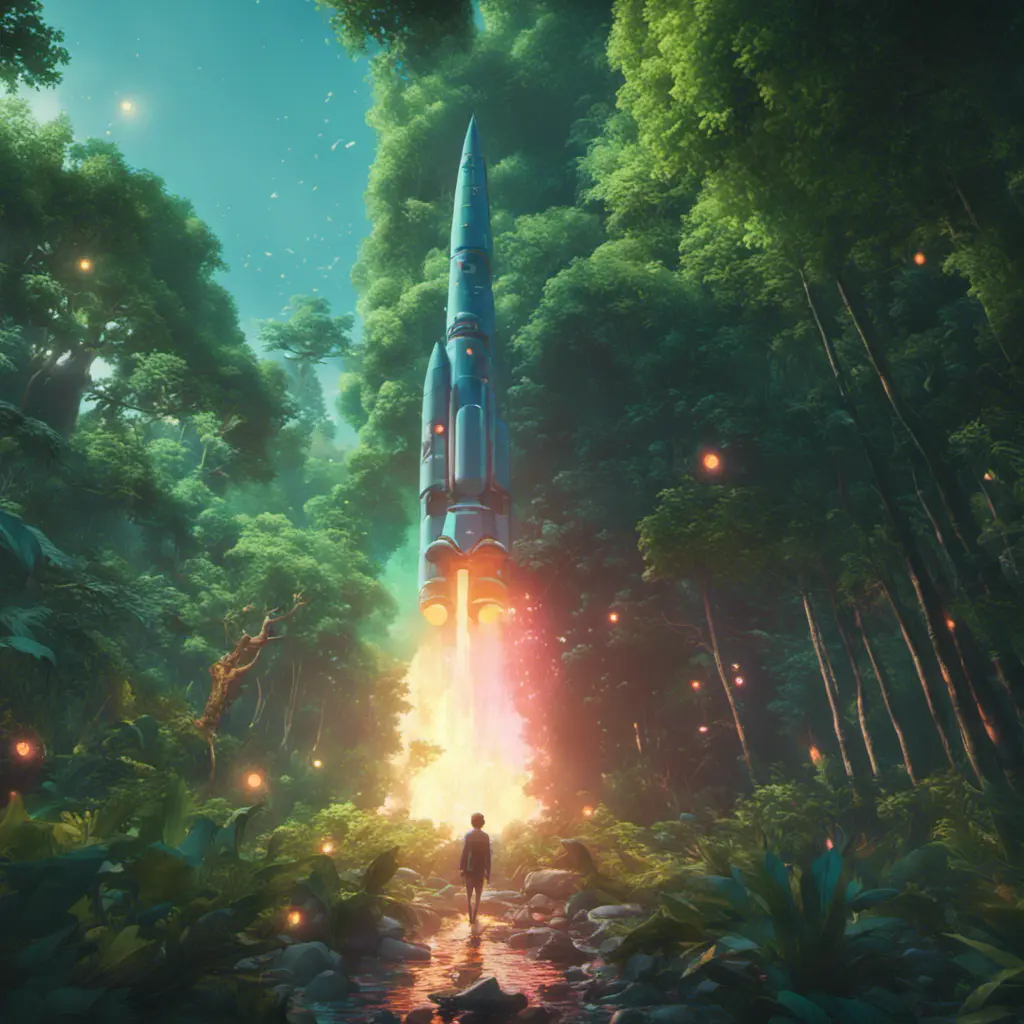 Studio ghibli, rocket explosion, jungle, solar, green technology, optimist future, 8k, Bokeh effect, Cinematic Lighting, Octane Render, Iridescence, Vibrant by Beeple, Asher Brown Durand, Dan Mumford, Greg Rutkowski, WLOP