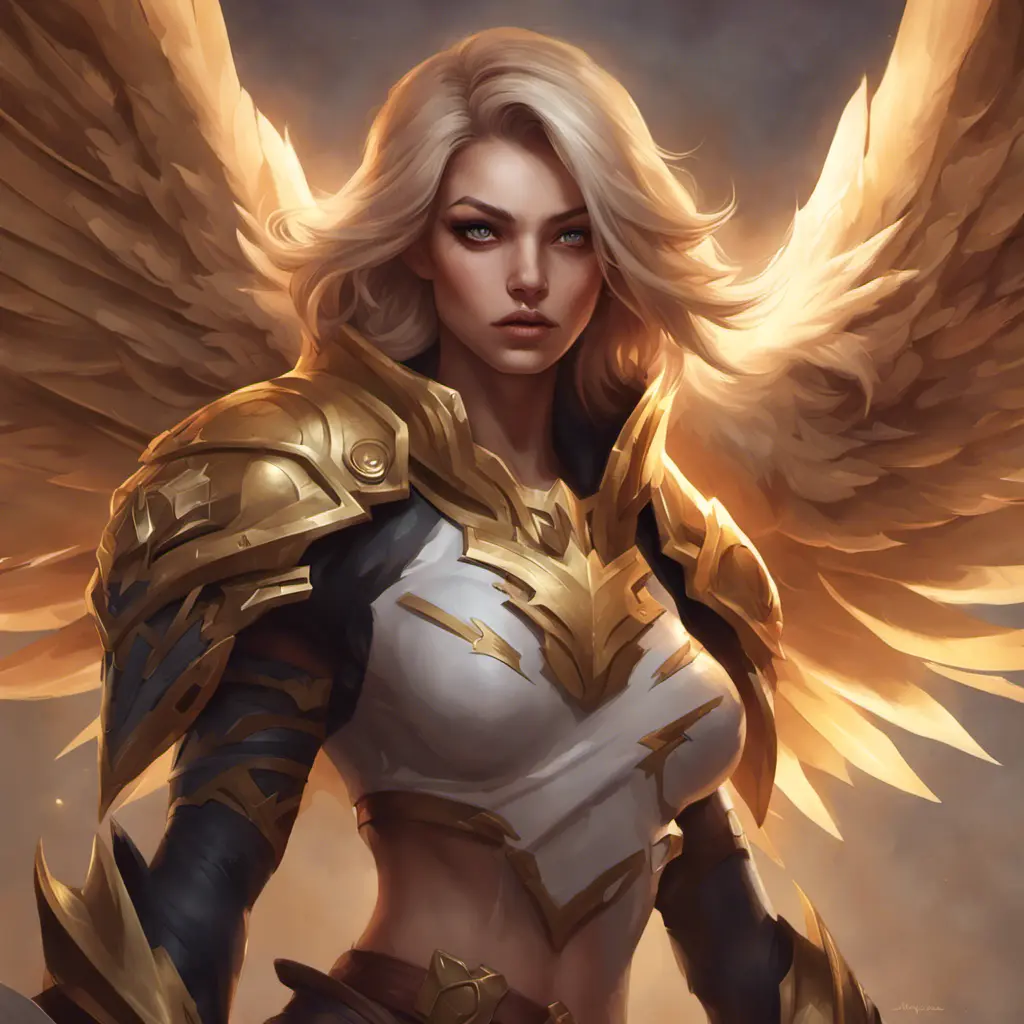 Matte portrait of Kayle from League of Legends with tattoos, 8k, Highly Detailed, Powerful, Alluring, Artstation, Magical, Digital Painting, Photo Realistic, Sharp Focus, Volumetric Lighting, Concept Art by Stanley Artgerm Lau, Alphonse Mucha, Greg Rutkowski