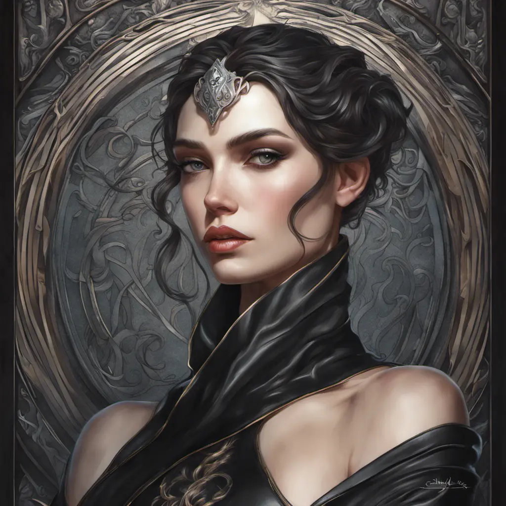 Alluring matte portrait of a beautiful Morgana wearing black leather, 8k, Highly Detailed, Intricate, Half Body, Realistic, Sharp Focus, Volumetric Lighting, Fantasy, Elegant by Stanley Artgerm Lau, Alphonse Mucha, WLOP