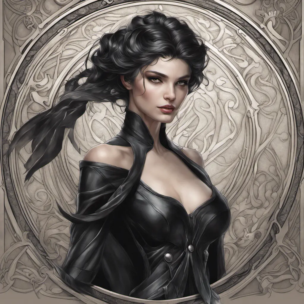 Alluring matte portrait of a beautiful Morgana wearing black leather, 8k, Highly Detailed, Intricate, Half Body, Realistic, Sharp Focus, Volumetric Lighting, Fantasy, Elegant by Stanley Artgerm Lau, Alphonse Mucha, WLOP