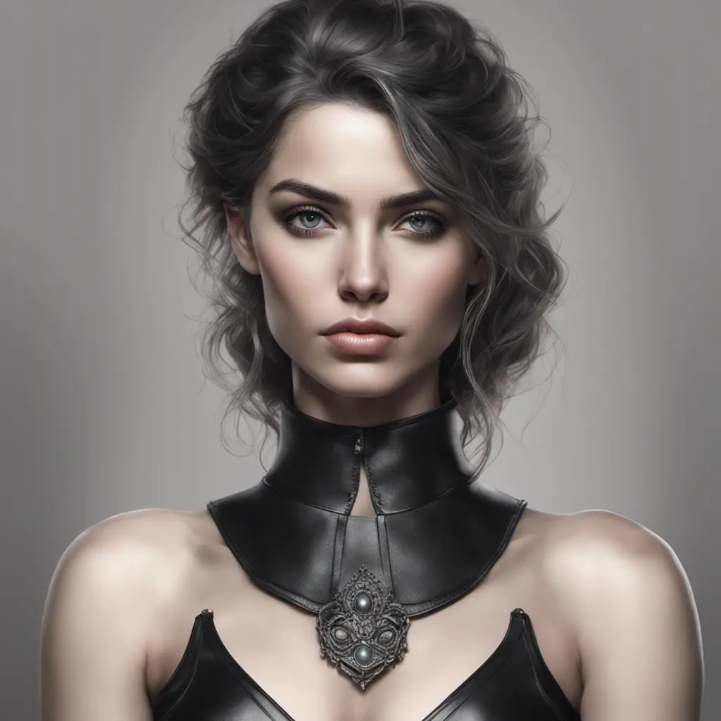 Alluring matte portrait of a beautiful A2 in black leather in the style of Stefan Kostic, 8k, Highly Detailed, Intricate, Half Body, Realistic, Sharp Focus, Volumetric Lighting, Fantasy, Elegant by WLOP