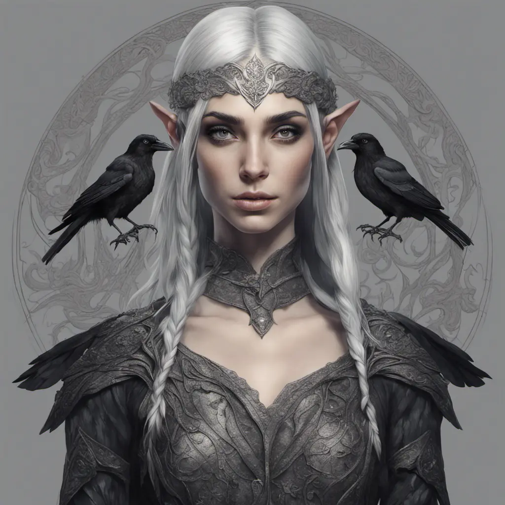 Alluring highly detailed matte portrait of a beautiful raven black haired half elf in the style of Stefan Kostic, 8k, High Definition, Highly Detailed, Intricate, Half Body, Realistic, Sharp Focus, Fantasy, Elegant