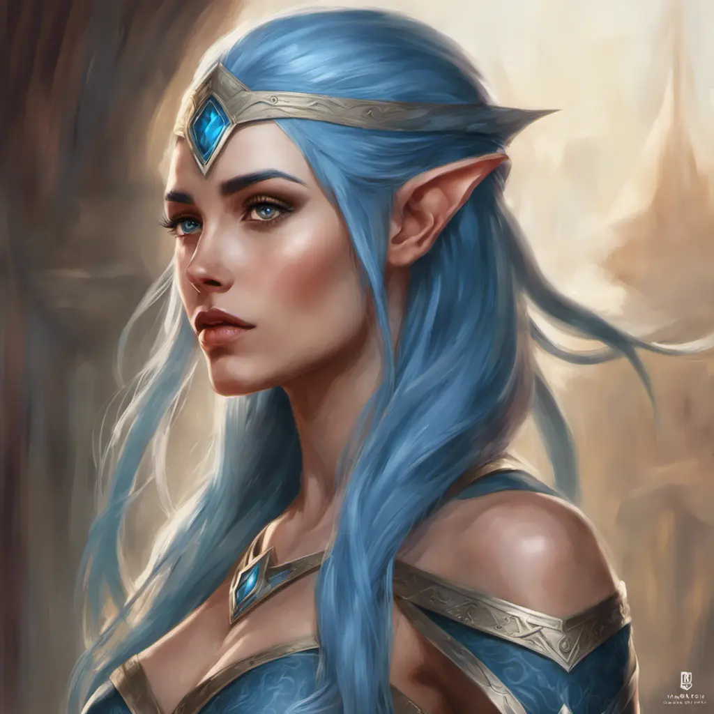 D&D concept art of gorgeous elven woman with blue hair in the style of Stefan Kostic, 8k, High Definition, Highly Detailed, Intricate, Half Body, Realistic, Sharp Focus, Fantasy, Elegant by Stanley Artgerm Lau, Luis Ricardo Falero