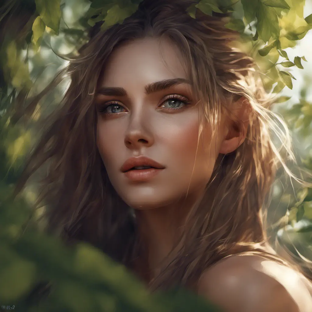 Closeup of a gorgeous female in foliage and the style of stefan kostic, 8k, High Definition, Digital Illustration, Bokeh effect, Photo Realistic, Sharp Focus by WLOP