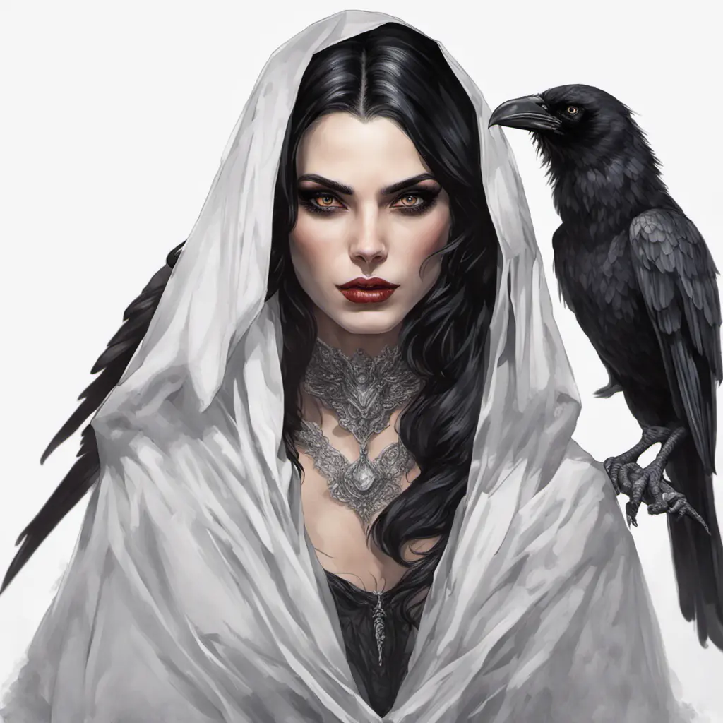 Alluring portrait of a beautiful raven black-haired veiled & caped vampire with sharp features and piercing eyes in the style of Stefan Kostic, 8k, High Definition, Highly Detailed, Intricate, Half Body, Realistic, Sharp Focus, Fantasy, Elegant