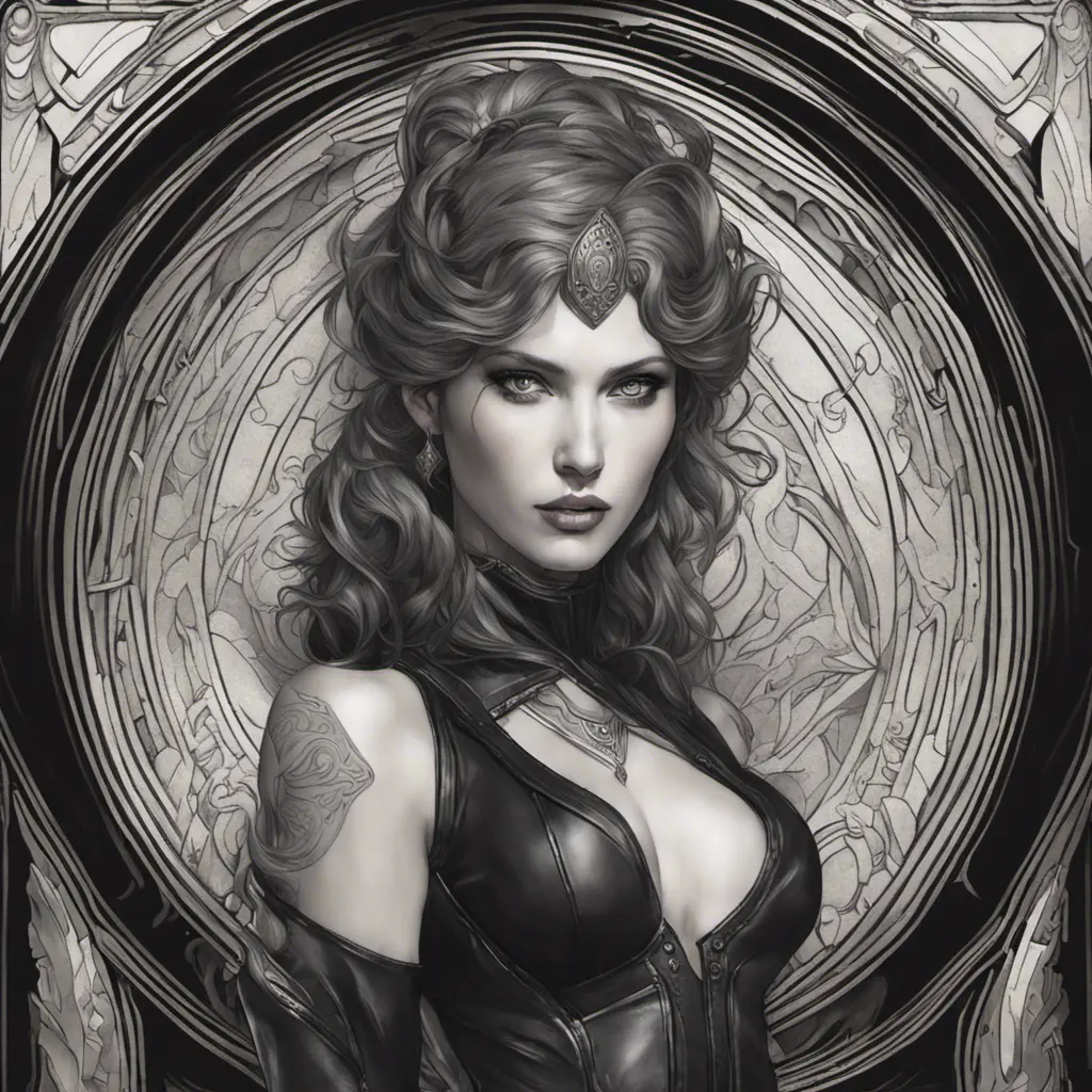 Alluring matte portrait of the beautiful goddess Selene in black leather, 8k, Highly Detailed, Intricate, Realistic, Sharp Focus, Volumetric Lighting, Fantasy, Elegant by Stanley Artgerm Lau, Alphonse Mucha, WLOP